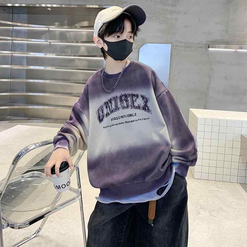 Jumpers - 子供服 スウェットシャツ 男の子 長袖 秋冬 絞り染め 配色 プリント トレーナー トップス 中学生 小学生 グレー パープル 裏起毛