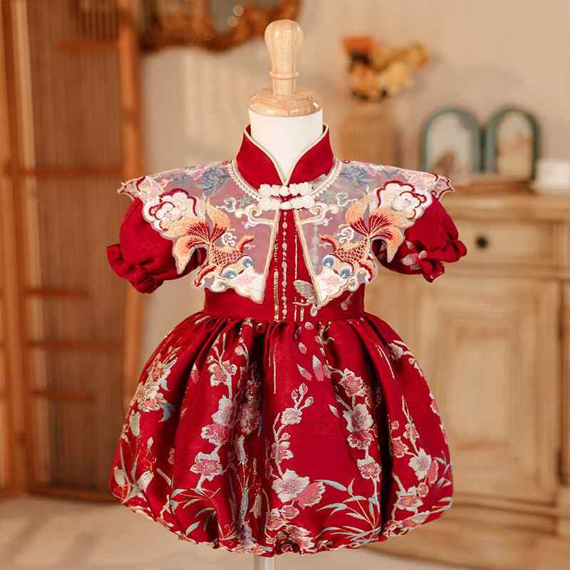 チャイナドレス ガールズ 春秋物 唐装 旗袍 プリンセスドレス チュール 1歳 誕生日 結婚式 パーティー