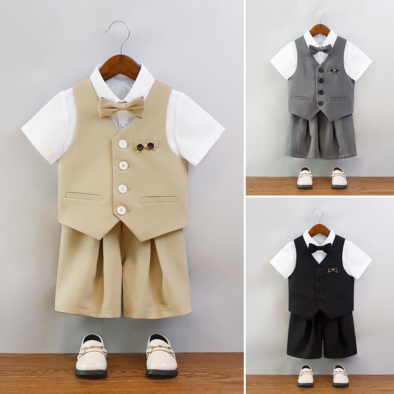 Overalls - キッズ フォーマルスーツ 半袖シャツ ベスト 半ズボン セットアップ 発表会 結婚式 8歳以上 140cm以上 ポリエステル ブラック グレー ベージュ 子供