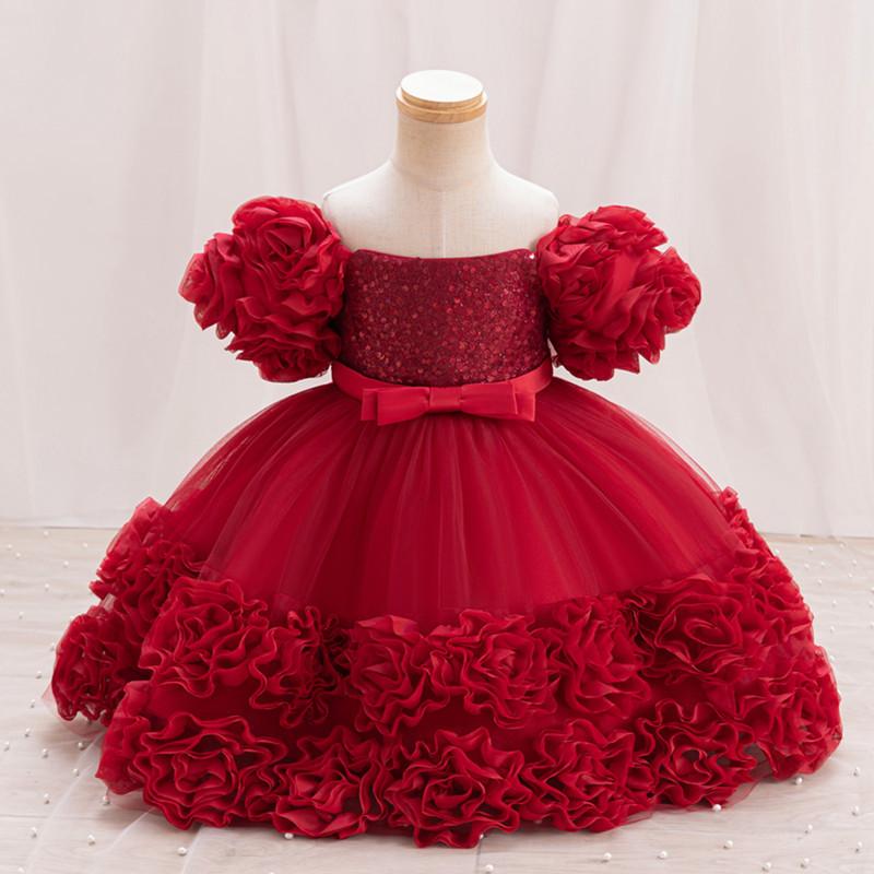 シャドーテールの子供用ドレス ベビー用ドレス プリンセスドレス 礼服 花飾り スパンコール ピアノ 発表会 演奏会 女の子 チュールスカート Aライン 80cm 90cm 100cm 赤 ピンク 青 緑 白｜アングル2