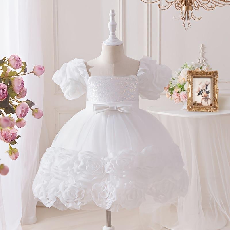 シャドーテールの子供用ドレス ベビー用ドレス プリンセスドレス 礼服 花飾り スパンコール ピアノ 発表会 演奏会 女の子 チュールスカート Aライン 80cm 90cm 100cm 赤 ピンク 青 緑 白｜アングル3