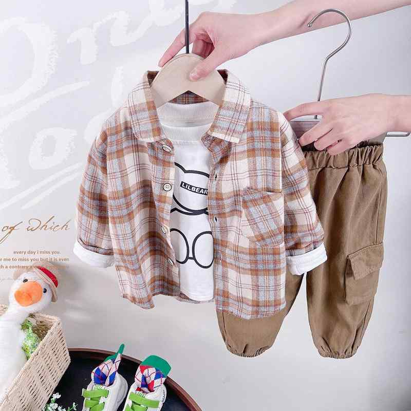 背带裤 - 子供服 パンツセット 3点セット 長袖シャツ Tシャツ 長ズボン 春秋 幼児 男の子 コットン 格子柄 薄手 80cm 90cm 100cm 110cm 120cm