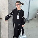 子供用スウェットセットアップ ガールズ 2点セット ブラック 蝶結び 長袖トップス ロングパンツ カジュアル 春秋 スポーツ 普段使い