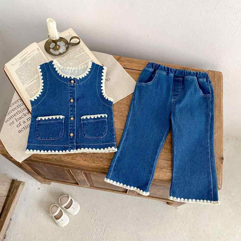 キッズ デニムセットアップ 秋冬 女の子 ベスト+パンツ 2点セット 女児 子供服 上...