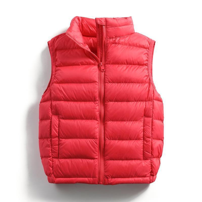 Coat - ダウンベスト キッズ 男女兼用 子供 ベビー ダウンウェア チョッキ ショート丈 中綿入り 無地 軽量 暖か 防寒着 トップス 秋冬 大 रेड 赤系