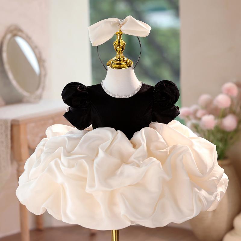 子供用フォーマルドレス 女の子 ヘップバーン風 プリンセスドレス ピアノ発表会 演奏会 パフスリーブ シャンパン色 100 110 120 130 140 ポリエステル