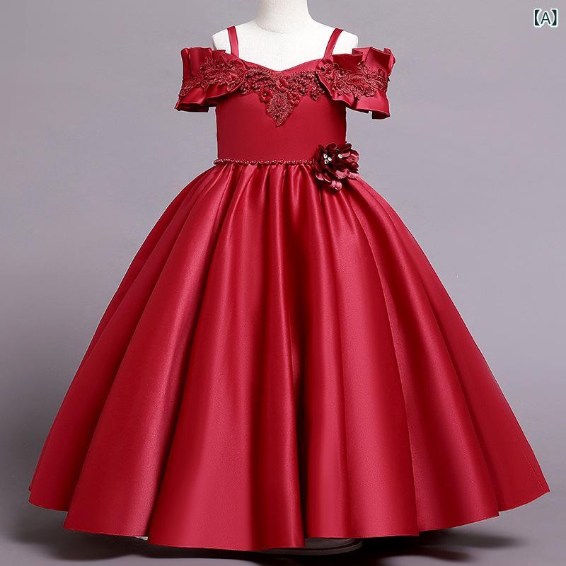 子供用ドレス 女の子 ワンピース サテン 花柄 ロング丈 ピアノ 発表会 結婚式 フォーマル 110cm 120cm 130cm 140cm 150cm 160cm 2