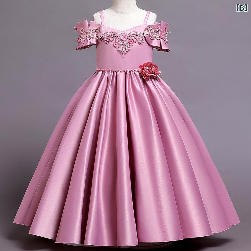 子供用ドレス 女の子 ワンピース サテン 花柄 ロング丈 ピアノ 発表会 結婚式 フォーマル 110cm 120cm 130cm 140cm 150cm 160cm 3