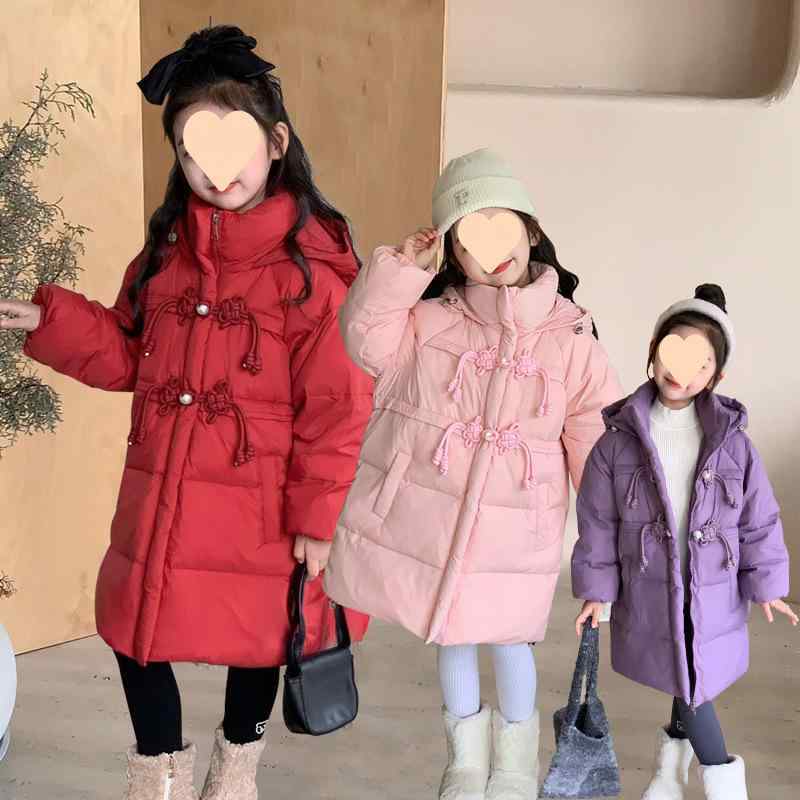 Blousons, Jumpers - 子供服 ガールズ ダウンジャケット 中綿入り コート フード付き 中長丈 厚手 防寒 アウター 女の子 8歳以上 新年レッド 丁香パープル ピンク