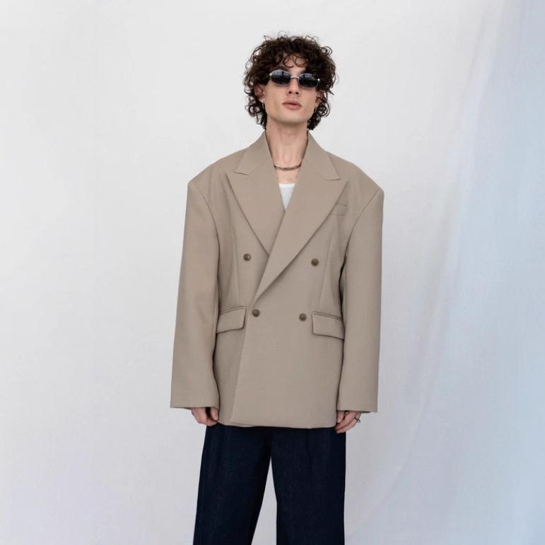 ジャケット メンズ カジュアル テーラードジャケット ダブルブレスト 無地 韓国風 ゆったり 肩パッド入り ブレザージャケット アウター ブラック グレー カーキ色