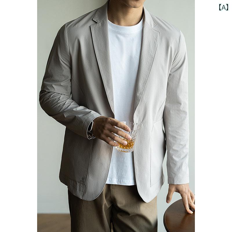 ジャケット メンズ 男性用 テーラードジャケット 春秋 薄手 軽量 速乾 通気性 ビジネス 通勤 カジュアル スーツ地 無地 長袖 杏色 ブラック