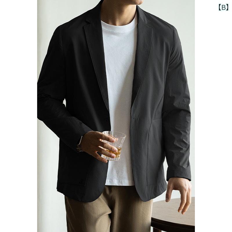 ジャケット メンズ 男性用 テーラードジャケット 春秋 薄手 軽量 速乾 通気性 ビジネス 通勤 カジュアル スーツ地 無地 長袖 杏色 ブラック