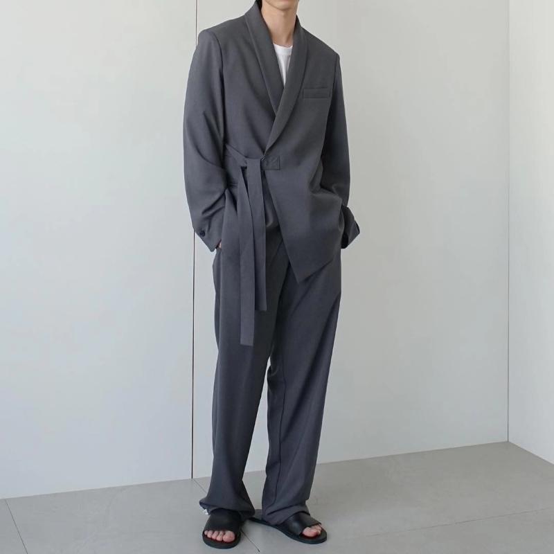 Other - スーツ メンズ 男性用 紳士服 韓国風 コットン 無地 セットアップ グレー 上下セット カジュアル