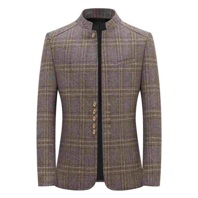 ジャケット 男性用 チェック柄 テーラードジャケット 立襟 スリムフィット カジュアル ビジネス ポリエステル混紡 ミドルエイジ グレー キャメル