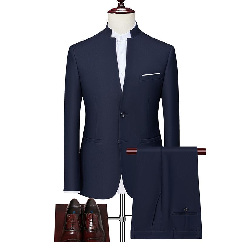 スーツ メンズ 男性用 チャイナ風 立襟 セットアップ 細身 麻混紡 コール天 紺色 黒色 ビジネス カジュアル 春物