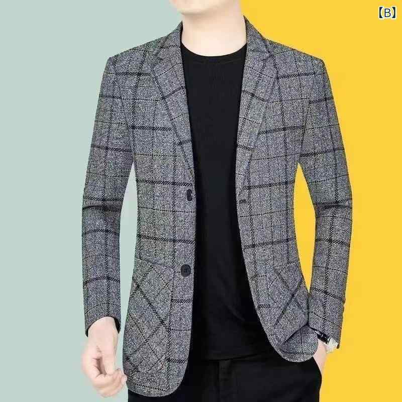 スーツ メンズ 格子柄 テーラードジャケット 秋冬 ビジネス カジュアル 男性用 スリムフィット ポリエステル 長袖 カーキ色 グレー