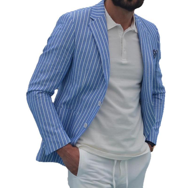 スーツ メンズ 色織りストライプ柄 ポリエステル スリムフィット テーラードジャケット 宝藍色