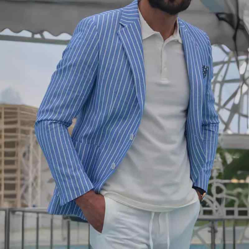 スーツ メンズ 色織りストライプ柄 ポリエステル スリムフィット テーラードジャケット 宝藍色