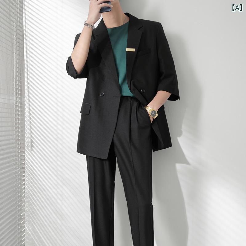 ・カテゴリ: スーツ・スタイル: 軽熟カジュアル・対象年齢: 18-24歳・素材: ポリエステル繊維・主素材: 粘纤100%・襟型: 平リバルカラー・版型: ルーズ・厚さ: 普通・ディテール: バッジ・前立て: シングルブレスト、1つボタン・スリット: なし・カラー: ブラック、コーヒー、モスグリーン、グレー（スーツ+パンツ）、ブラック、コーヒー、モスグリーン、グレー（スーツのみ）・サイズ: M、L、XL、2XL、3XL・誤差範囲: 1-3cm