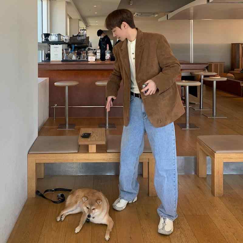 ジャケット メンズ テーラードジャケット 春物 韓国風 ゆったり ポリエステル 無地 ブラック ブラウン系 耐摩耗性