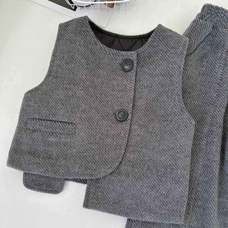 子供用パンツセットアップ 厚手 冬物 韓国風 加綿入りウールベスト 裏起毛パンツ 2...