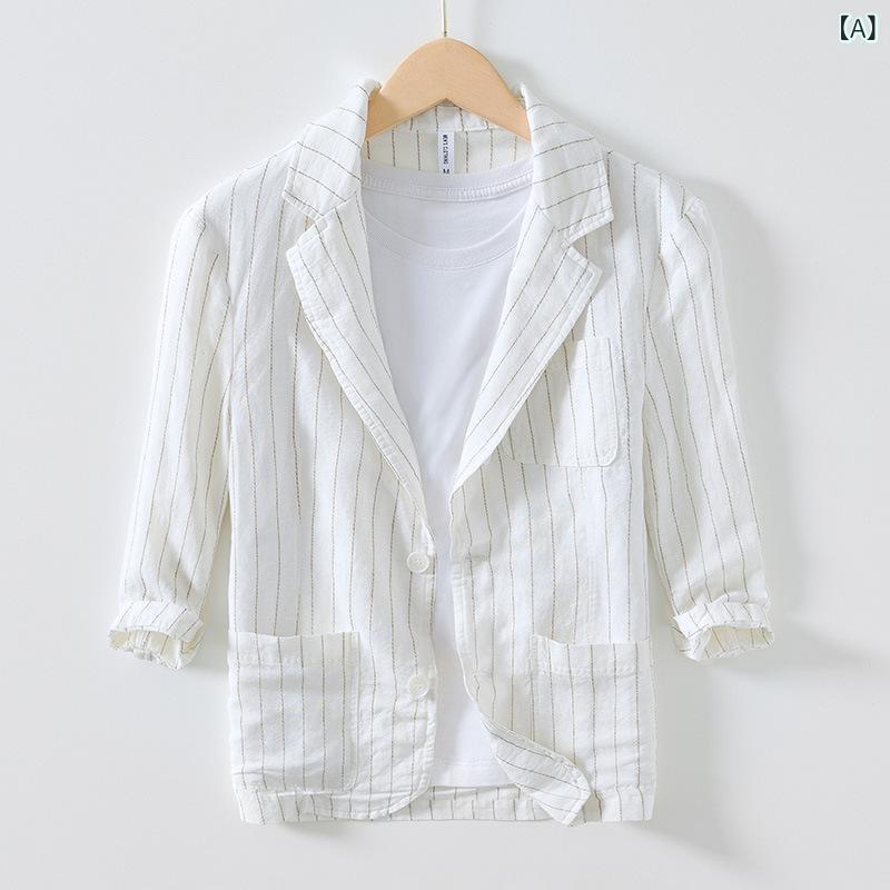 ジャケット メンズ 男性用 リネン 麻 ストライプ カジュアル 7分袖 ブレザー トップス ホワイト 白 カーキ ブルー 青 コーヒー ブラウン M L XL XXL 3L