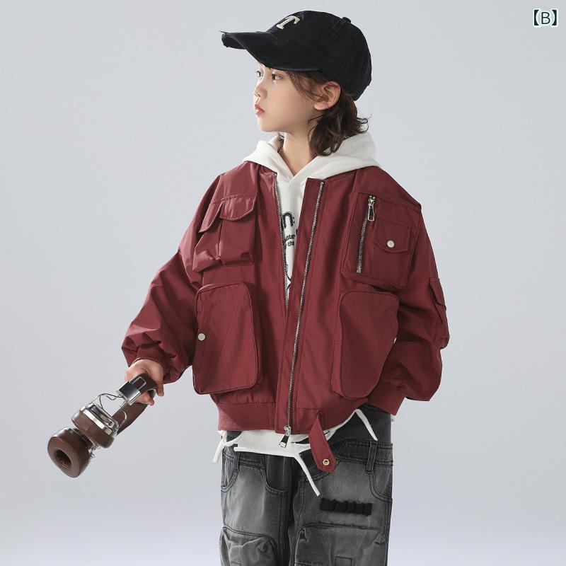キッズ ジャケット 春秋 多ポケット ボーイズ アウター 子供 男の子 カジュアル 上着 綿 混紡 ブラック ワインレッド 120cm 130cm 140cm 150cm 160cm 170cm