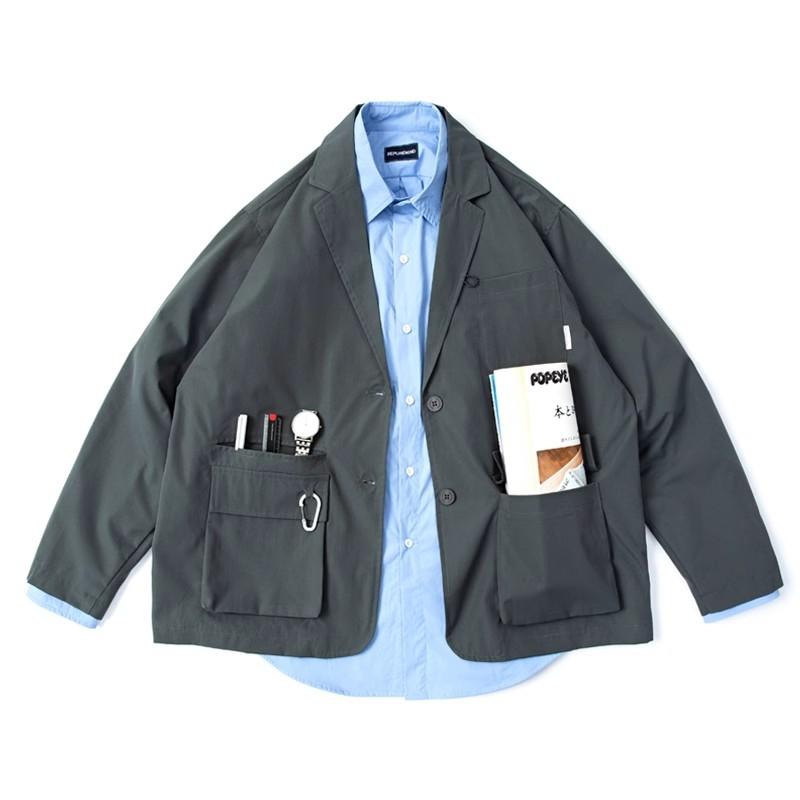 ジャケット メンズ 復古 アウトドア 通勤 ポリエステル 多ポケット シティボーイ ゆったり テーラード ワーク 深灰色 紺色