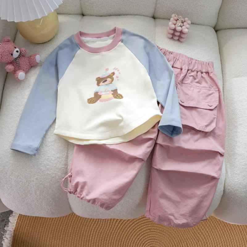 子供服 パンツセット 長袖Tシャツ ワークパンツ 上下セット 春秋 薄手 綿95% かわいい 韓国風 ガールズ 女児 普段着 90 100 110 120 130
