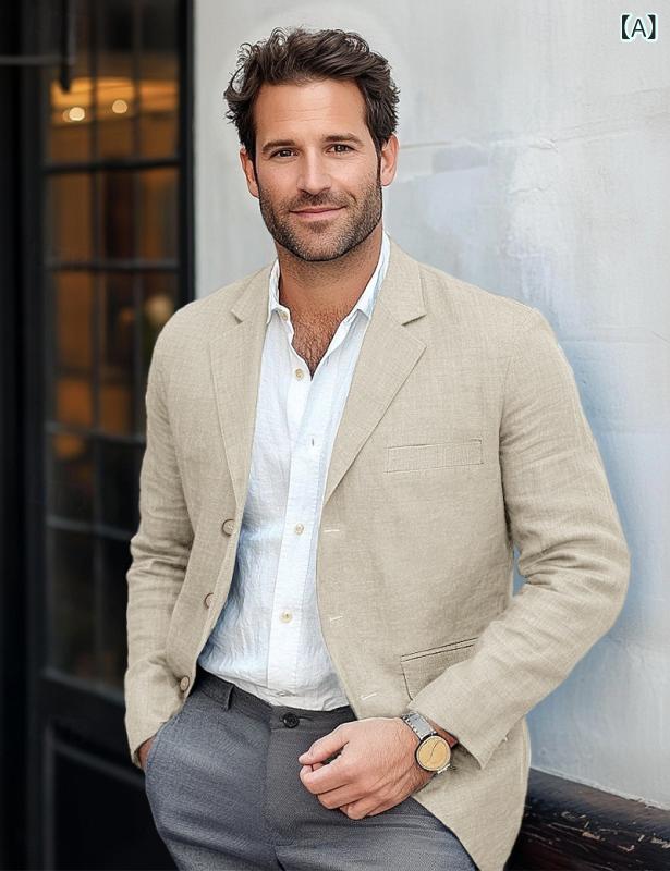 ジャケット メンズ 麻混 テーラードジャケット 春秋 カジュアル スリムフィット 綿麻 無地 ポケット付き 米白 緑 紺色 コーヒー色