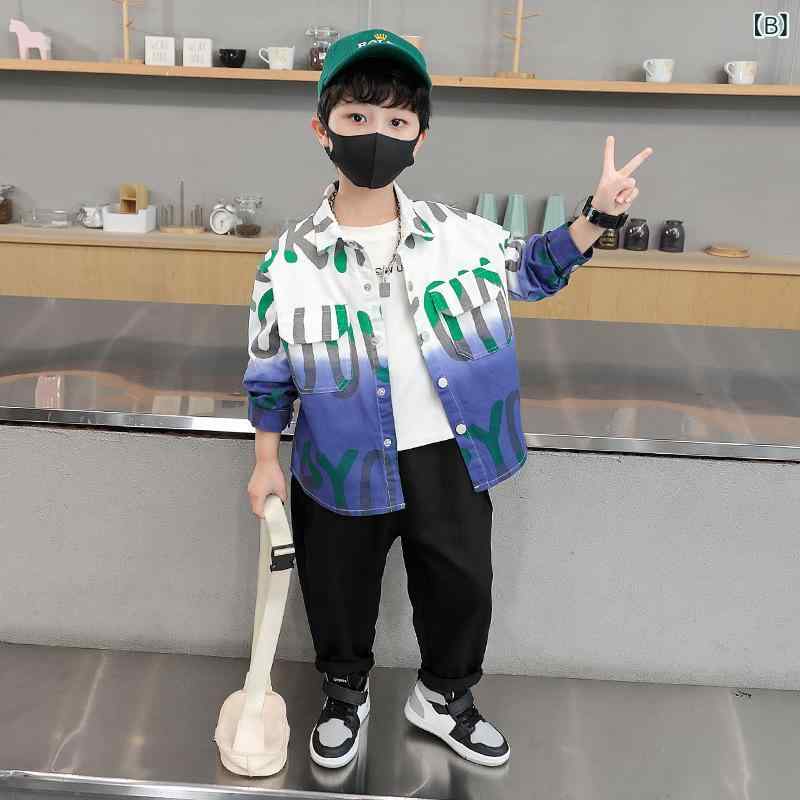 子供用シャツ パンツセット 春秋物 韓国風 男の子 グラデーション 長袖 コットン混...