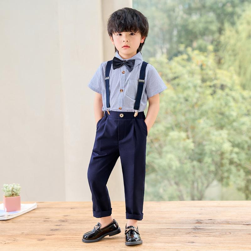 子供用フォーマルスーツ 春夏 半袖シャツ ストライプ柄 サロペット 2点セット 男の子 発表会 演奏会 記念撮影