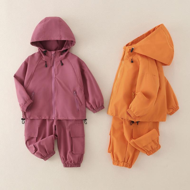 キッズ セットアップ 春秋 防水 防風 ジャケット パンツ 上下セット アウトドア ウェア パープル オレンジ