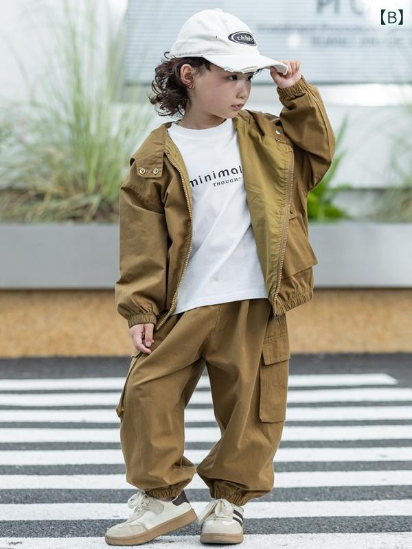 シャドーテールの子供用セットアップ キッズ 男の子 ジャケット カーゴパンツ 3点セット 長袖 パーカー 秋 ワークスタイル 無地 普段着 100 110 120 130 140 150cm｜アングル3