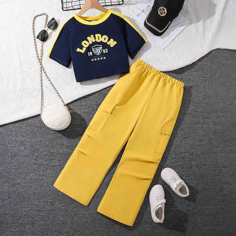 子供用セットアップ 短袖Tシャツ ワイドレッグパンツ 2点セット ガールズ スポーツ カジュアルスタイル 普段使い 部屋着 130 140 150 160 170cm 藏青色 ブルー