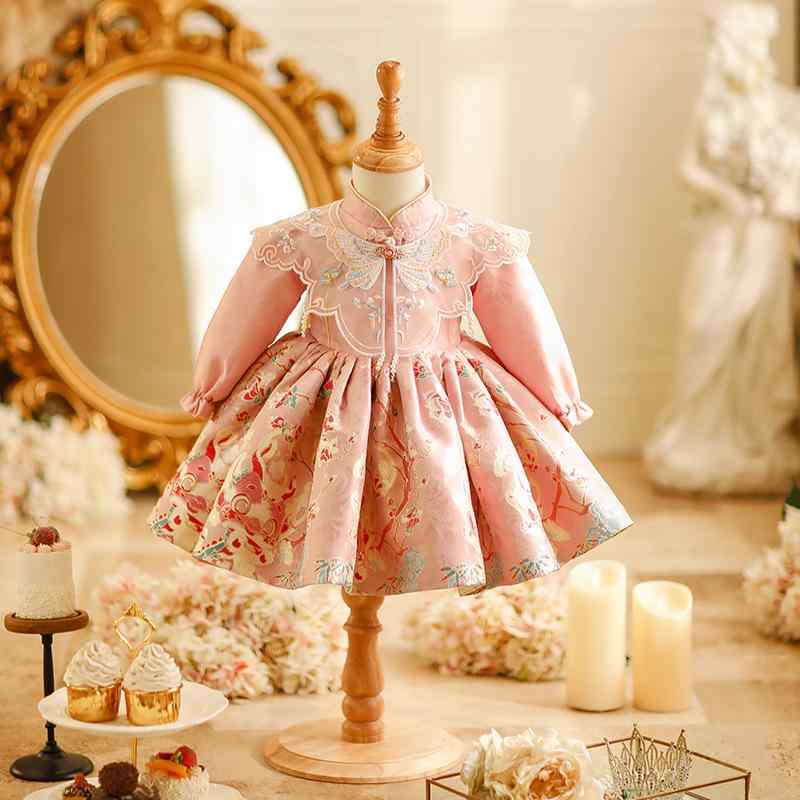 Overalls - ワンピース ベビー 女児 プリンセスドレス 春秋 1歳 誕生日 抓周の儀 唐装 中華風 ポリエステル 80cm 90cm 100cm 110cm 120cm 130cm 140cm 150cm