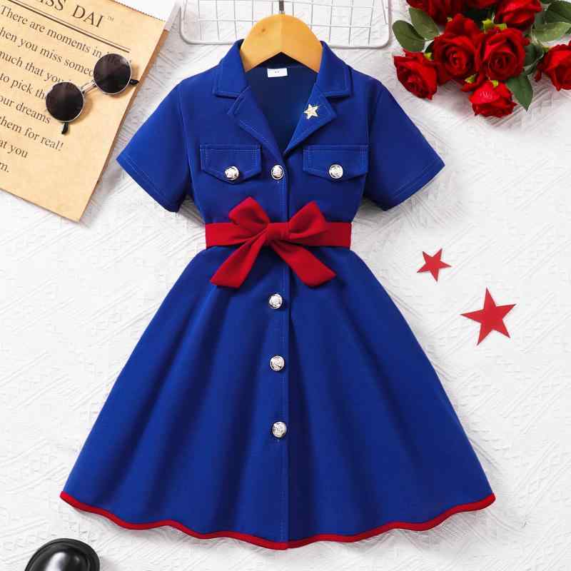 ワンピース ガールズ 子供服 半袖 襟付き 無地 Aライン 膝丈 チュニック 普段着 ポリエステル ブルー