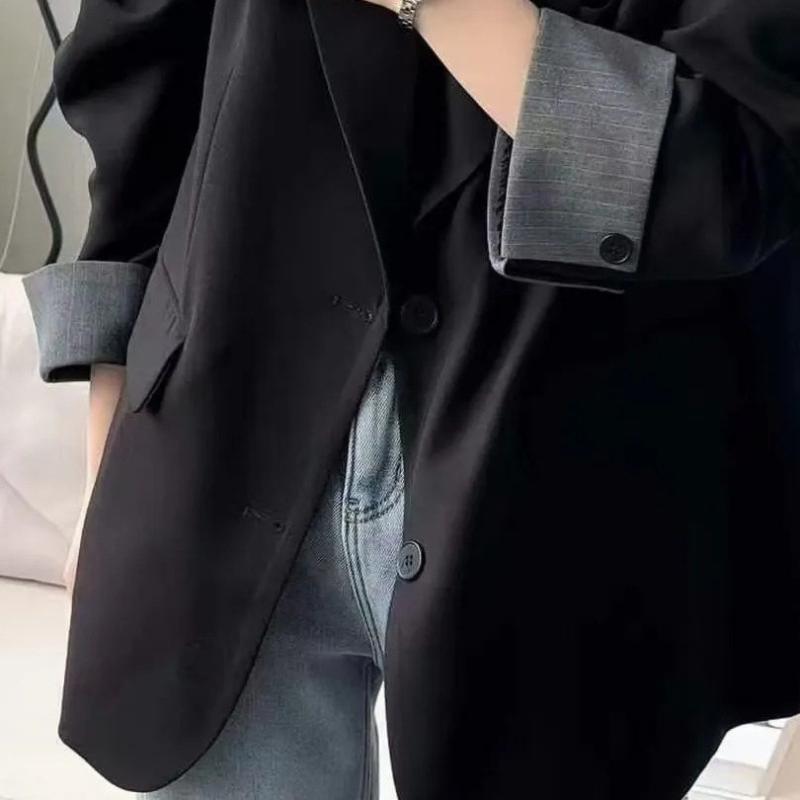 ジャケット レディース 春秋 ポリエステル テーラードジャケット ゆったり 韓国風 ブラック 黒 大きめ..