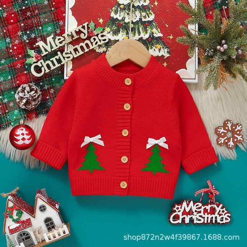 ベビー服 ニットカーディガン 秋冬 クリスマス クリスマスツリー 提花 かわいい 蝶結び 女の子 幼児 赤..