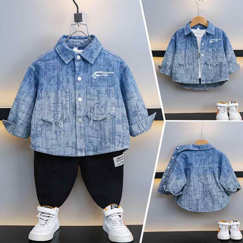 子供服 デニム ジャケット 男の子 春秋 翻襟 長袖 アウター ボーイズ 子供用 デニム色 綿85%
