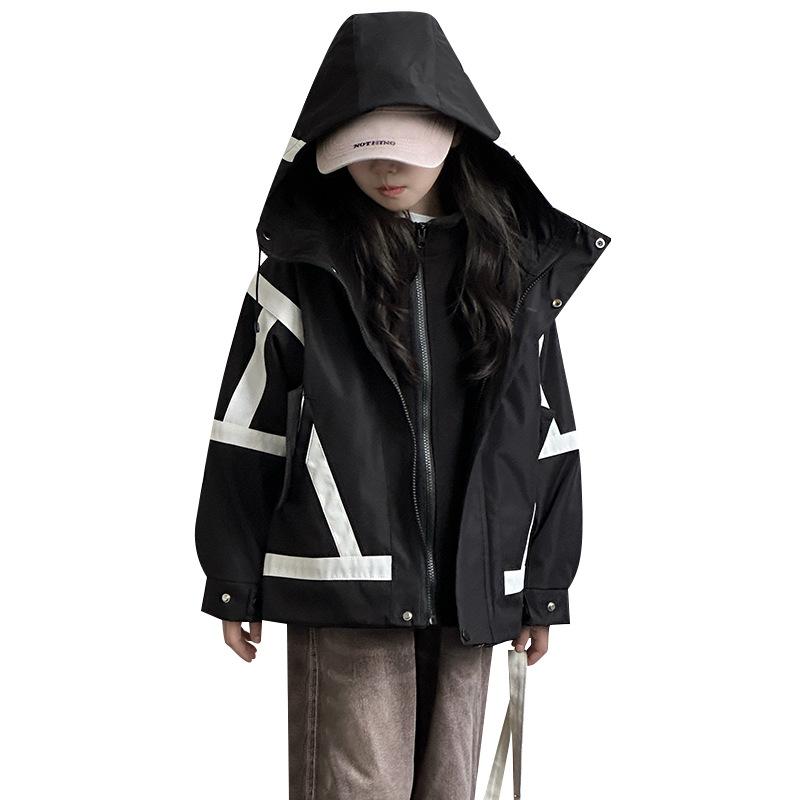 キッズ用マウンテンパーカー 秋冬 中綿入りジャケット 配色 フード付き アウター 女の子 普段使い アウ..