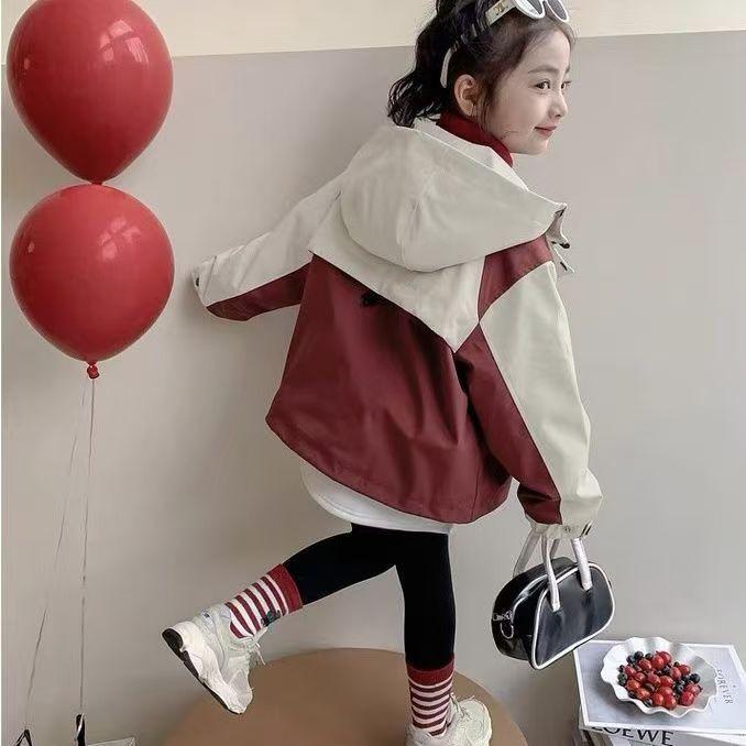 子供服 アウター ガールズ ウインドブレーカー セットアップ 秋冬(3~8歳 100~140cm)配色 フード付き ジャケット ポリエステル