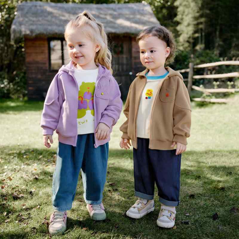 子供服 アウター 春秋 男女兼用 動物柄 フード付き ジャケット かわいい おしゃれ 綿混紡 水晶ローズピンク カーキ パープル