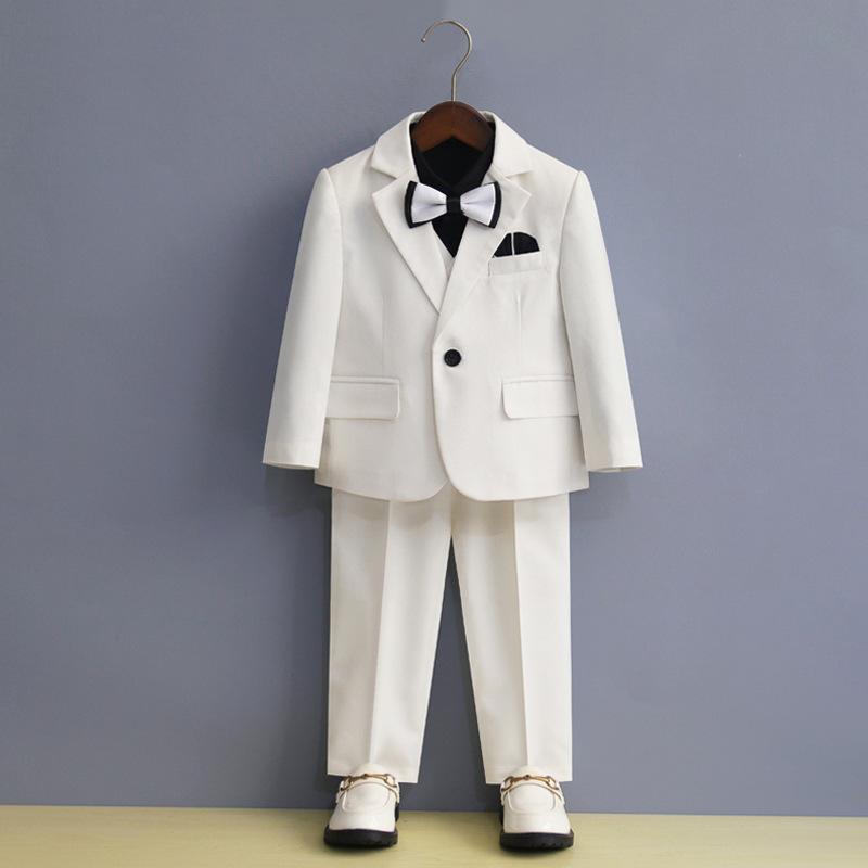 子供用フォーマルスーツ 男の子 ジャケット ベスト パンツ 長袖シャツ 蝶ネクタイ付き 結婚式 発表会 舞台衣装 90cm～170cm ポリエステル 混紡 ホワイト ブラック
