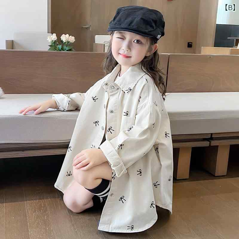 子供服 シャツ 春秋 女の子 リボン アウター 韓国風 長袖 コットン カーディガン キッズ ガールズ トップス かわいい おしゃれ ピンク ベージュ 90 100 110 120 130 140cm