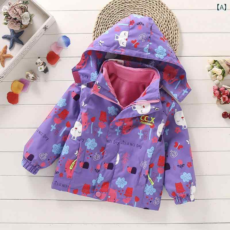 キッズ アウター 子供用 中綿入りジャケット 三合一 高襟 防寒着 フリース裏地 厚手 カトゥーン柄 パープル ピンク ネイビー ブルー 全7色