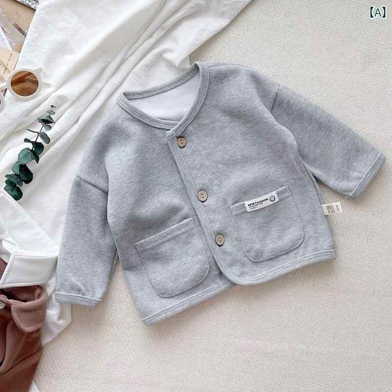 Ropa exterior para niños Ropa para niños Cárdigan para niños Tops Manga larga Cuello redondo Algodón liso Caída 80 90 100 110 120 cm Gris Verde Beige Estilo informal — vista 2
