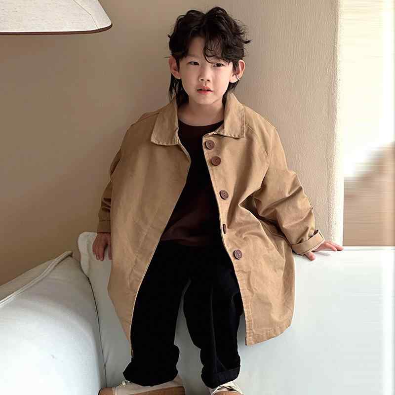子供服 アウター 男女兼用 キッズ 春秋 ジャケット コート 中長丈 3歳 4歳 5歳 6歳 7歳 8歳 無地 綿 襟付き シングルブレスト カーキ色 キャメル...