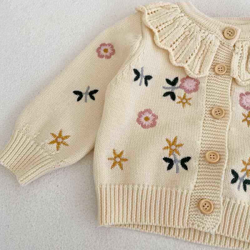 子供服 カーディガン 女の子 ベビー服 綿ニット 花柄 刺繍 フリル襟 長袖 春秋 かわいい ガールズ アウター 60 70 80 90