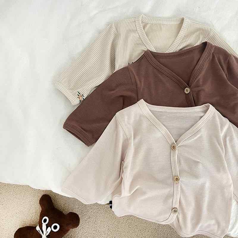 子供服 ジャケット 薄手 ベビー キッズ 男女兼用 Vネック カーディガン 綿100％ 7分袖 ショート丈 トップス 無地 春夏 冷房対策 紫外線対策 66 73 80 90 100cm かわいい 韓国風 ブラウン ベージュ 花柄